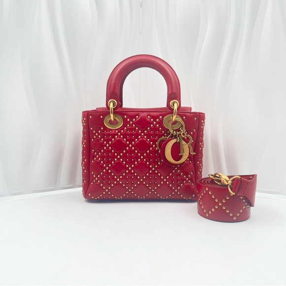 Dior Handbags - DIOR Lady Dior Medium Bag Red Lambskin with Gold Studs